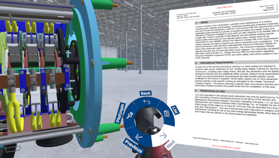 Vista do ambiente de autoria e treino em VR com o modelo de turbina e interfaces de configuração
